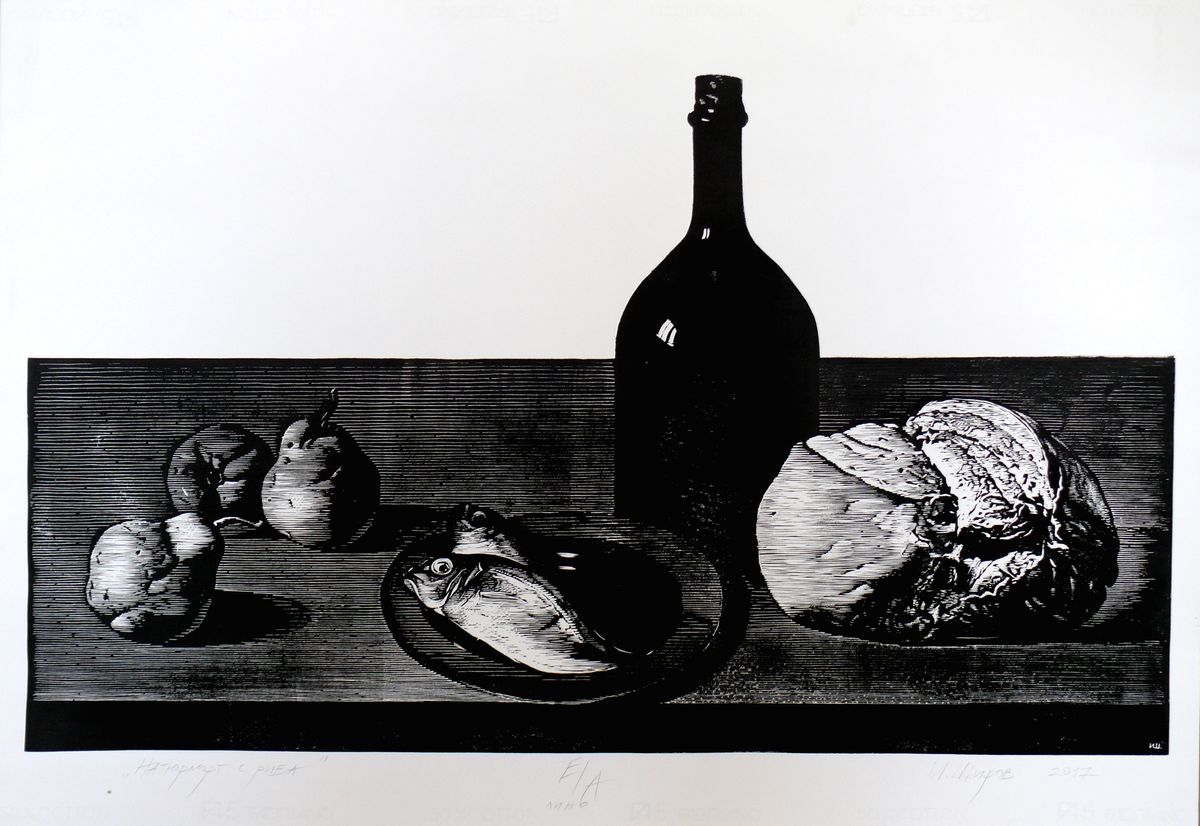 "Still Life with Fish", linocut, 70 x 100 cm.